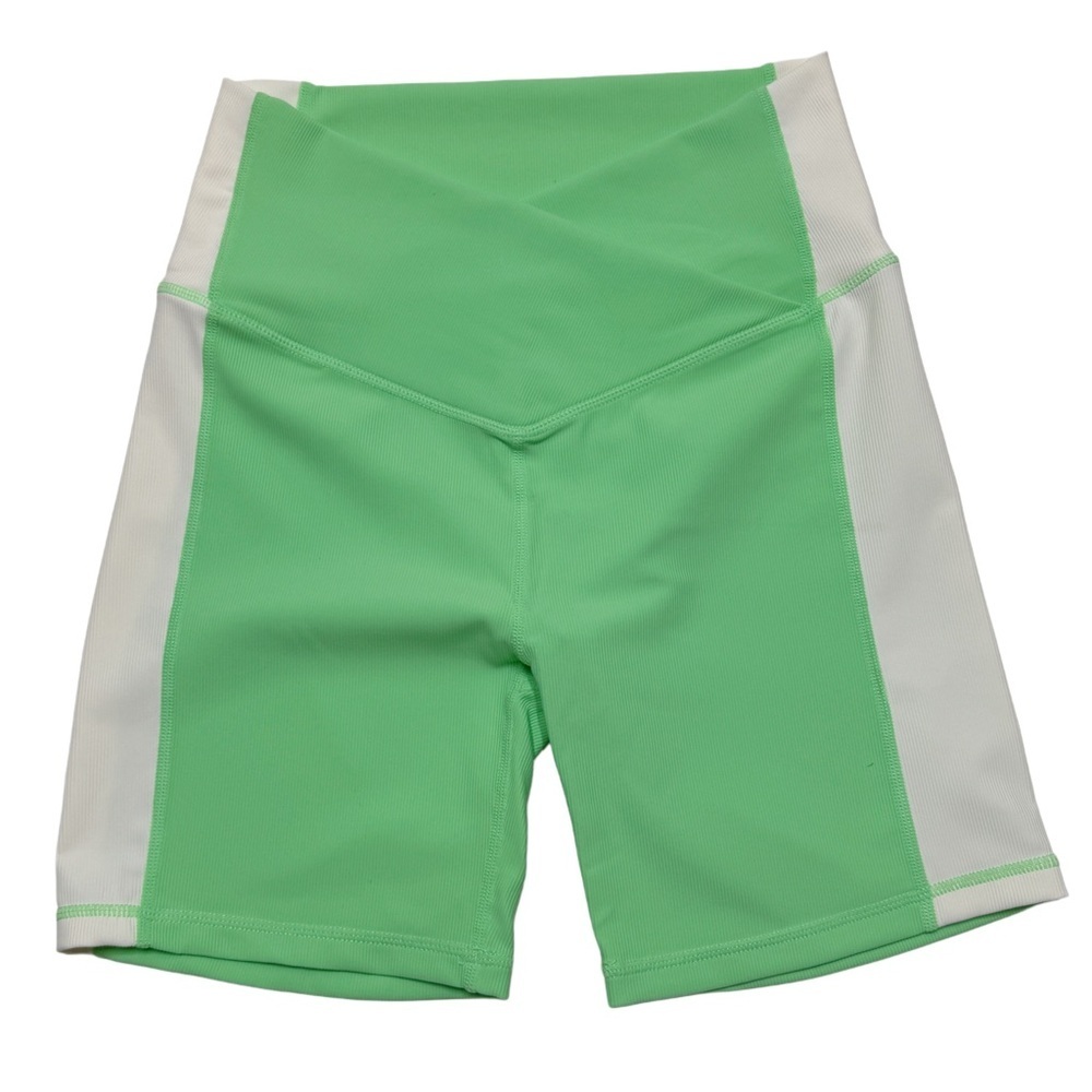 {WILO} Green White Ribbed Asymmetrical Crossover Waistband Colorblock Bike Short